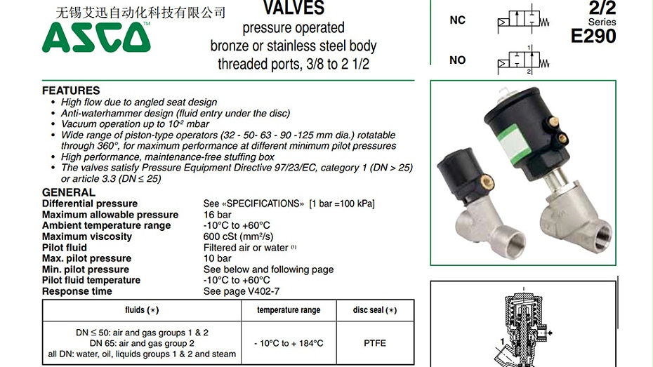 ASCO角座阀E290B079选型参考